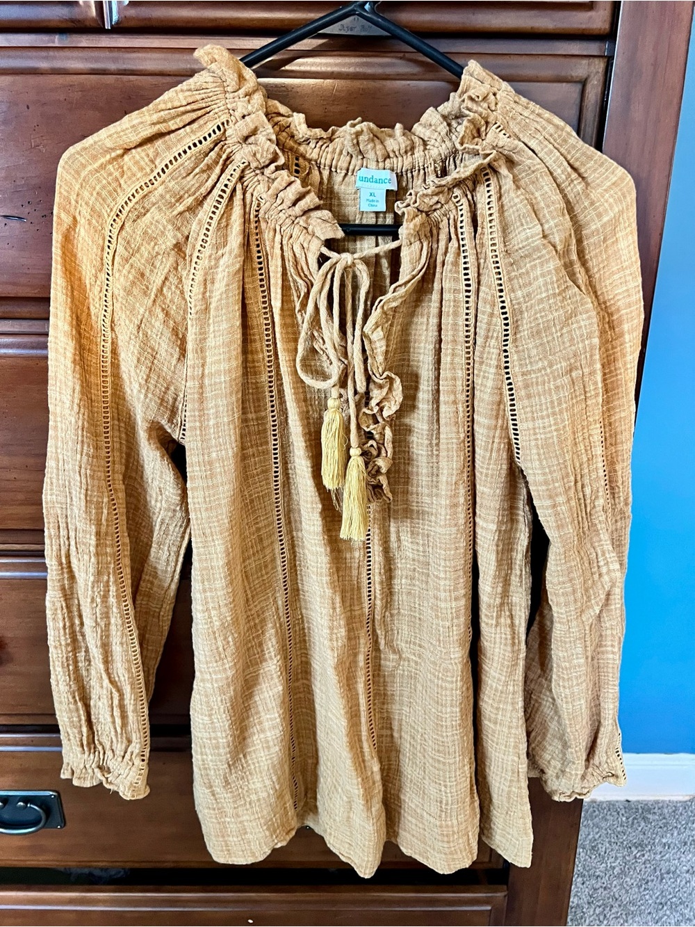 Sundance Mustard Peasant Tunic with Tassel Tie Sz XL